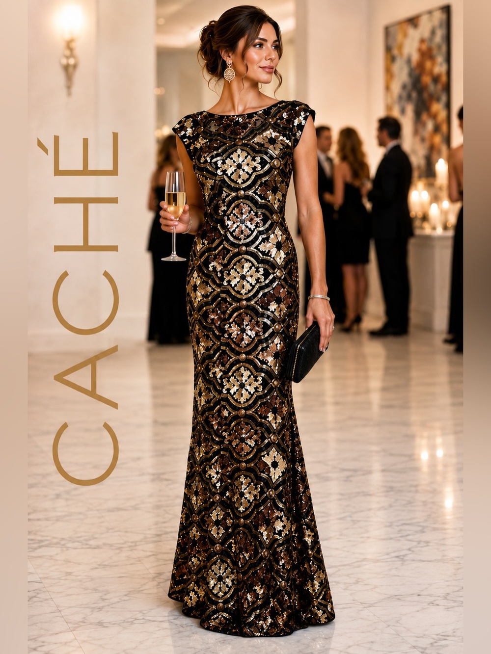 CACHÉ Vintage Beaded Sequin Illusion Neck Formal Evening Gown Black Gold Size 4